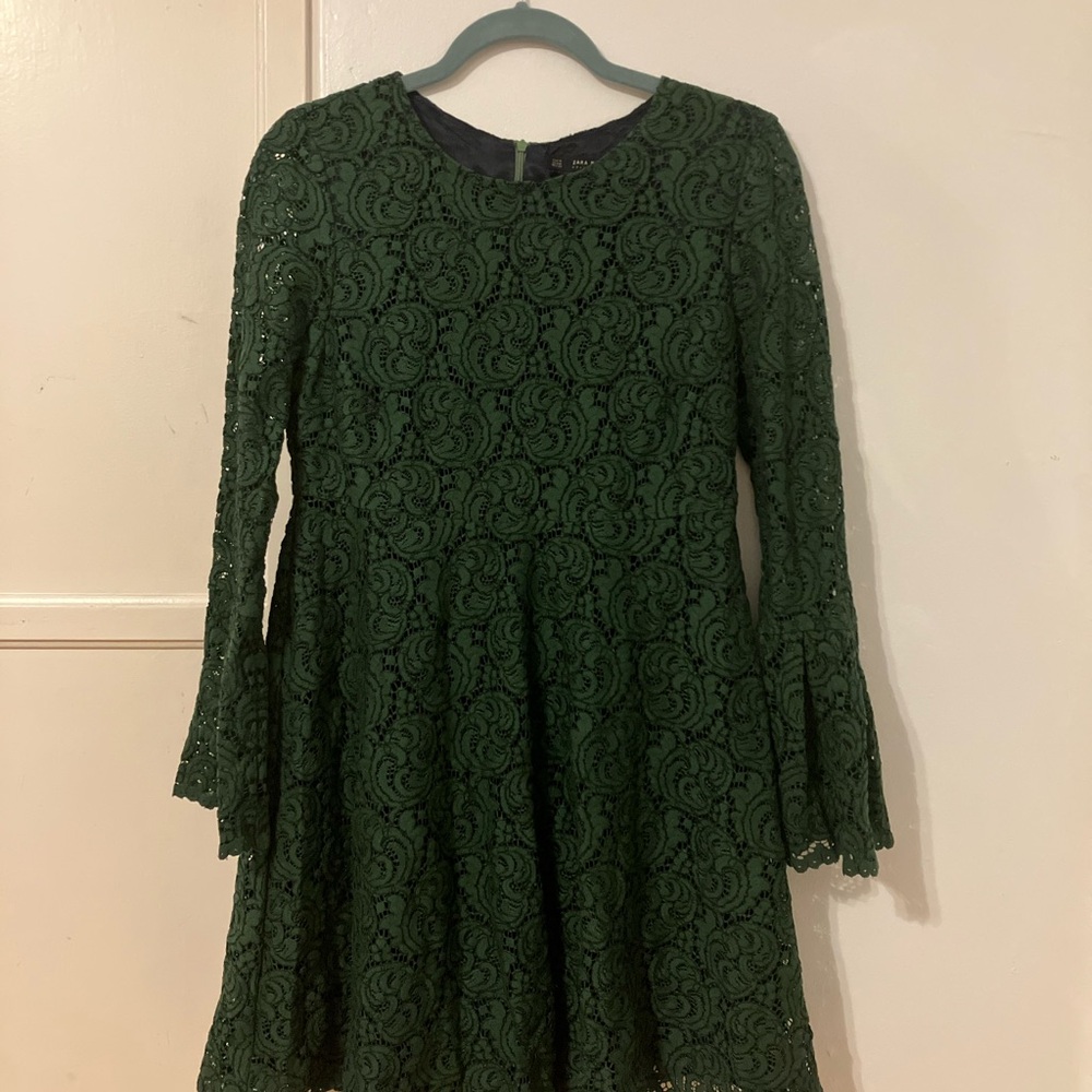 Zara Lace Dark Hunter Green Fit and Flare Bell Sleeve Dress